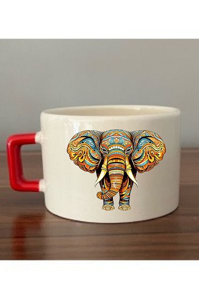 lili hediyelik African Patterned Elephant Printed Cup with Red Handle Ceramic Mug - Ceramic Tea, Coffee Gift Cup