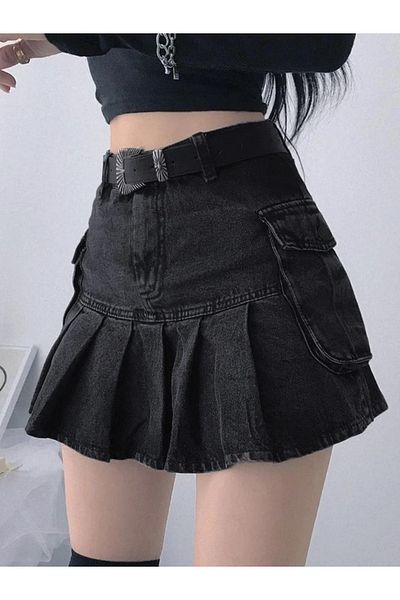 Köstebek Pleated Denim Fabric Jeans Skirt with Cargo Pockets