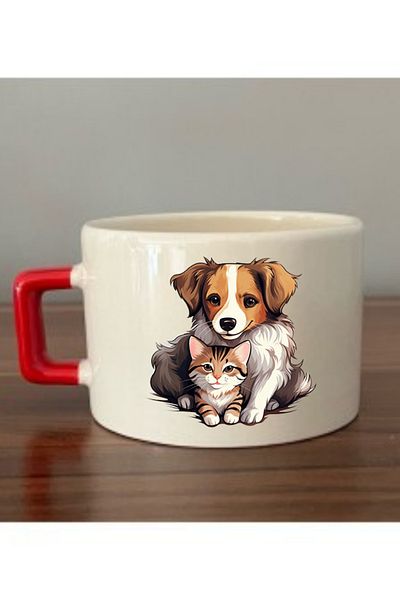 lili hediyelik Cat And Dog Printed Cup With Red Cup Ceramic Mug - Ceramic Tea, Coffee Gift Cup
