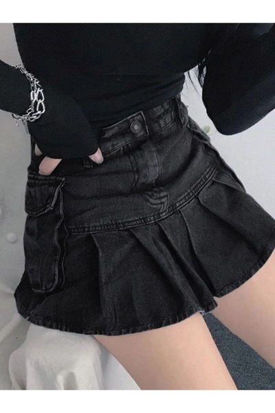 Köstebek Fusta de blugi din stofă denim plisată cu buzunare cargo