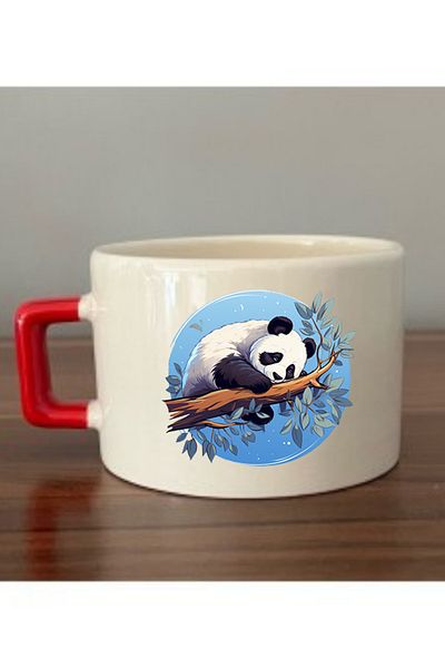 lili hediyelik Panda on Tree Printed Cup with Red Handle Ceramic Mug - Ceramic Tea, Coffee Gift Cup