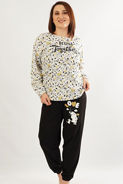 VİENETTA Жіночий великий розмір чорний довгий рукав круглий комір овальний спідниця бавовняний піжама комплект повний крій