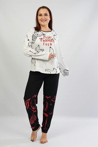 VİENETTA Set de pijamale din bumbac, negru, cu mâneci lungi, cu gât rotund, cu tiv oval, mărime mare
