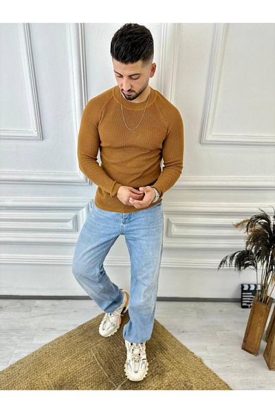 elkumoda Пуловер Slim Fit от естествено плетено памучно трикотажно изделие без плискане Slim Cut Body пуловер