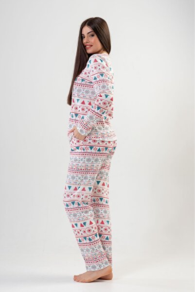 VİENETTA Set de pijamale din bumbac, cu mâneci lungi, cu jumătate de nasturi, cu gât rotund, cu tiv oval, roșu bej