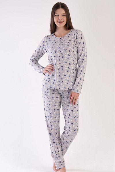 VİENETTA Set de pijamale din bumbac, cu mâneci lungi, cu jumătate de nasturi, cu gât rotund, cu tiv oval, pentru femei, bej, bleumarin