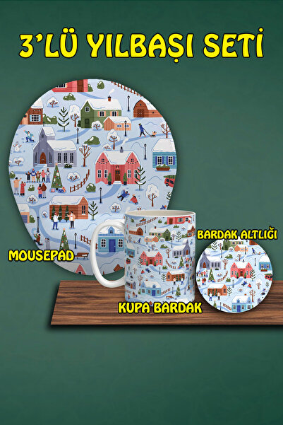 HobiShop Yılbaşı Temalı 3'lü Bilek Destekli Mousepad Kupa Ve Bardak Altlığı Seti