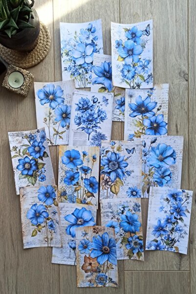 Mona Craftist 15 Adet Eskitme Vintage Mavi Çiçek Temalı Scrapbook Kağıt Seti ...