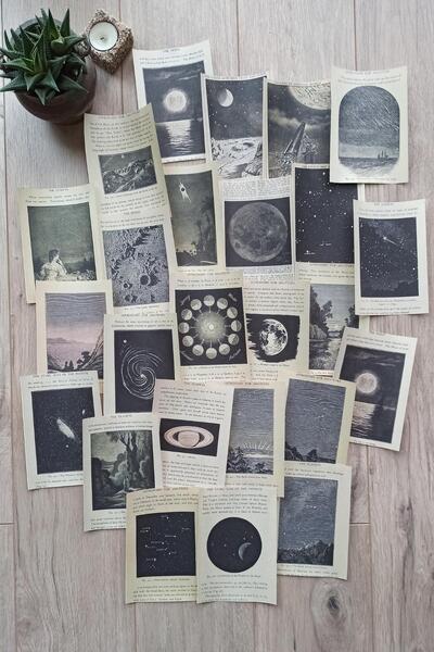 Mona Craftist 25 Adet Eskitme Vintage Kitap Sayfası Uzay Temalı Scrapbook Kağ...