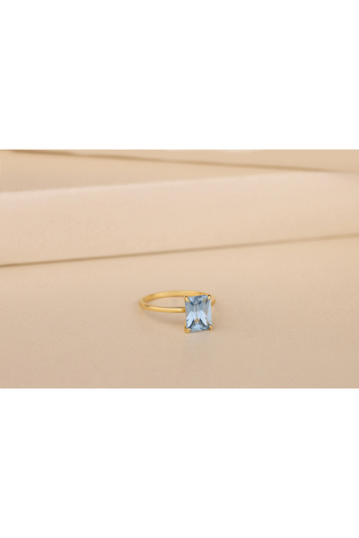 Akgül Silver Mavi Topaz Zirkon Baget Altın Kaplama Gümüş Yüzük