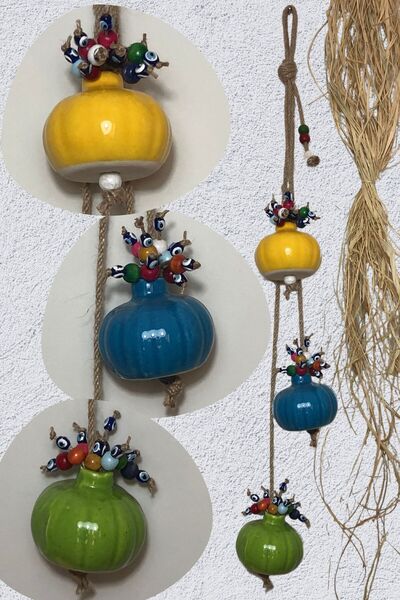 Art inside Renkli Seramik Sarı Mavi Yeşil Balkabağı 3'lü Duvar Dekorasyon Obj...
