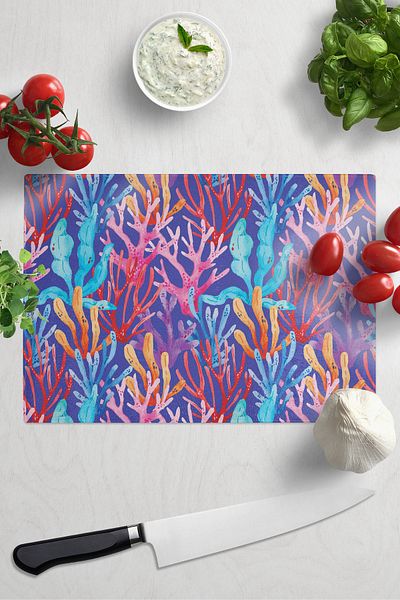 Postifull Cutting Board, Printed on Thick and Unbreakable Glass, Purple Ocean Drawing Printed - 21*30cm, Chopping Board