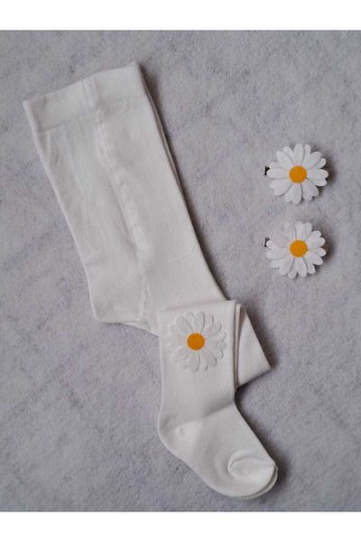 Sare Çocuk Giyim Κοριτσίστικο καλσόν Daisy Motif Λευκές κάλτσες μεσαίου πάχους + αγκράφα