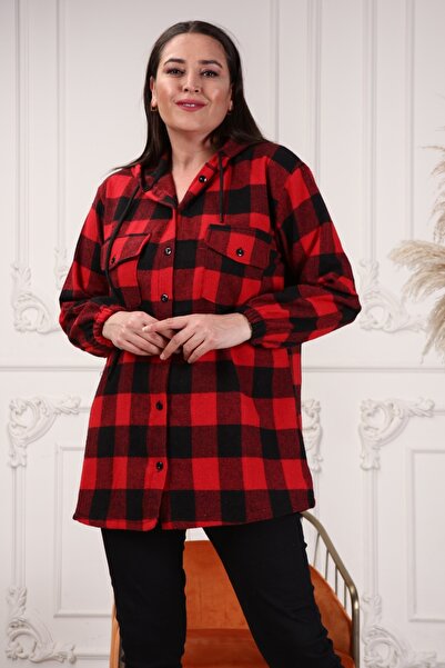 xlargebutik BÜYÜK BEDEN KADIN GİYİM KIRMIZI ODUNCU GÖMLEK KAPŞONLU