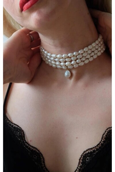 dalya atelier Gerçek Barok Incili Dörtlü Choker Kolye