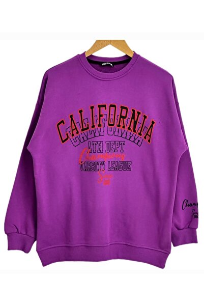 YÜKSEL IŞIK سويت شيرت أرجواني اللون كاليفورنيا مطبوع 3 خيوط برقبة دائرية كبيرة الحجم