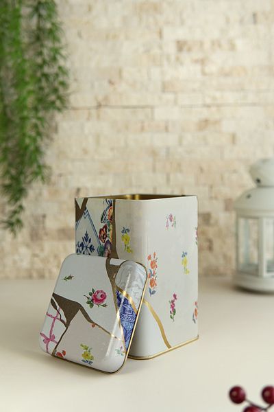EVLE Er022-3ı Kint Sugi Rose Patterned Square Metal Storage Container 11x11 Cm