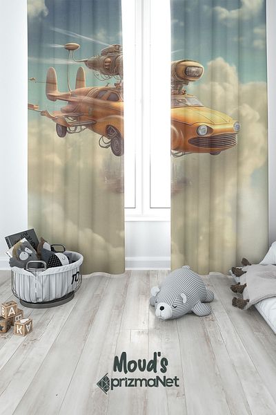 Moud's Flying Car Patterned Printed Children's and Baby's Room Background Curtain with 2 Wings - PRD-01