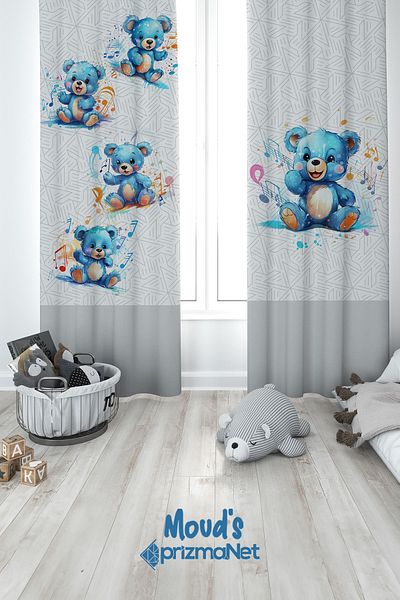 Moud's Blue Teddy Bear Patterned Printed Children's and Baby's Room Background Curtain with 2 Wings - PRD-02