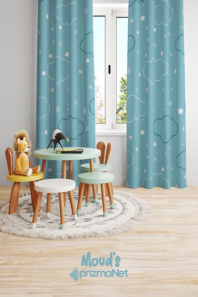 Moud's Colorful Cloud Patterned Printed Children's and Baby's Room Background Curtain with 2 Wings - PRD-14