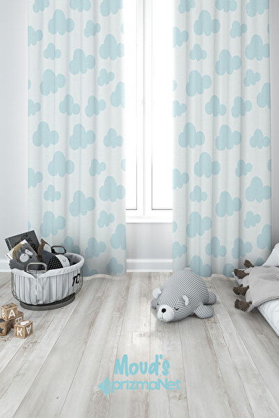 Moud's Mavi Bulut Desenli Baskılı Çocuk ve Bebek Odası Fon Perdesi 2 Kanat - ...