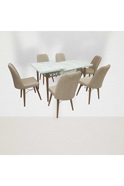 ŞEHBAL MOBİLYA KREM ACILIR KAPANIR CEVİZ Ayaklı YEMEK Masa Takımı KREM Sandal...