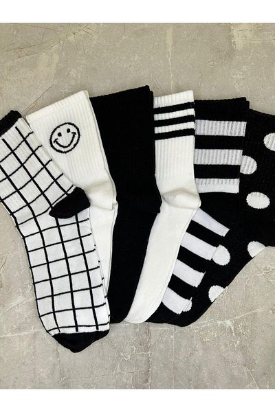 Sky Socks Комплект от 6 черно-бели унисекс ароматизирани чорапи за тенис на точки с райета и кръгли елементи