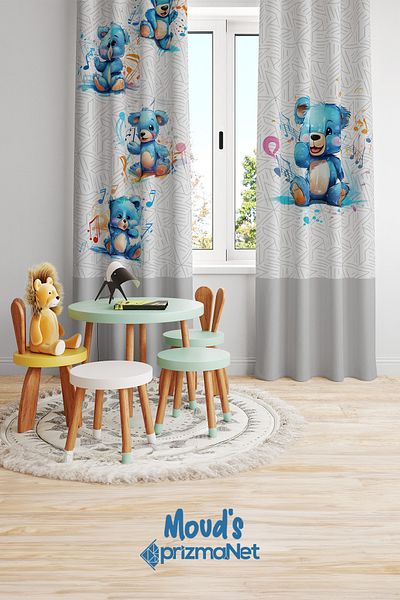 Moud's Blue Teddy Bear Patterned Printed Children's and Baby's Room Background Curtain with 2 Wings - PRD-02