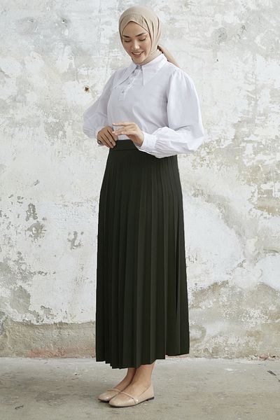 InStyle Luisa derék rugalmas redőzött szoknya - Khaki