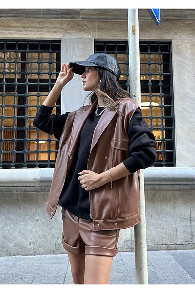 minaaise Brown Leather Zippered Oversize Vest 26081