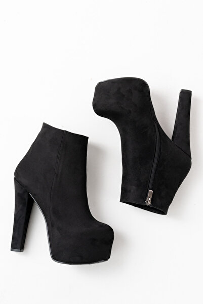 MASSOLE Siyah Süet Platform Bot Ten Yeni Sezon Şık Abiye Kadın Topuklu Ayakkabı Premium Model