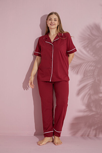 pijamacity Büyük Beden Kadın Bordo Kısa Kollu Pamuklu Düğmeli Biyeli Pijama Takımı