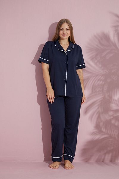 pijamacity Set de pijamale cu mâneci scurte din bumbac, cu nasturi, cu mâneci scurte, pentru femei de mărime mare