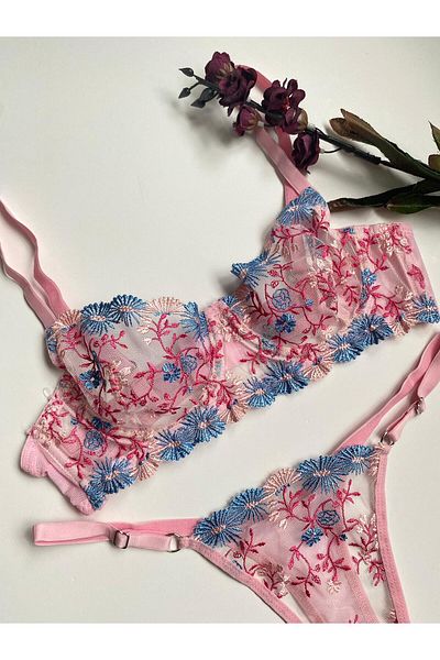 RB İÇ GİYİM Set de sutien floral cu sârmă, roz, albastru, luciu