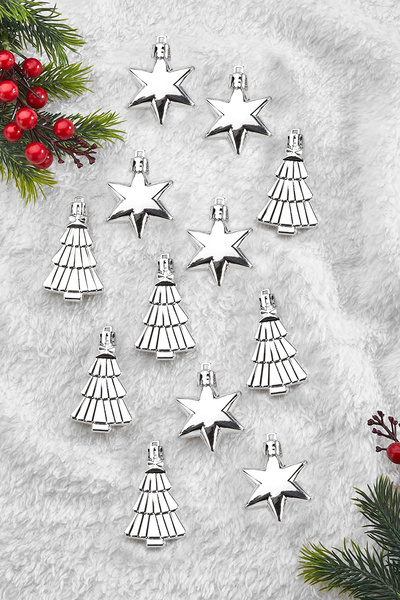 Waldern Χριστουγεννιάτικο στολίδι 12 τεμαχίων με φιγούρες αστεριών και δέντρων ασημί