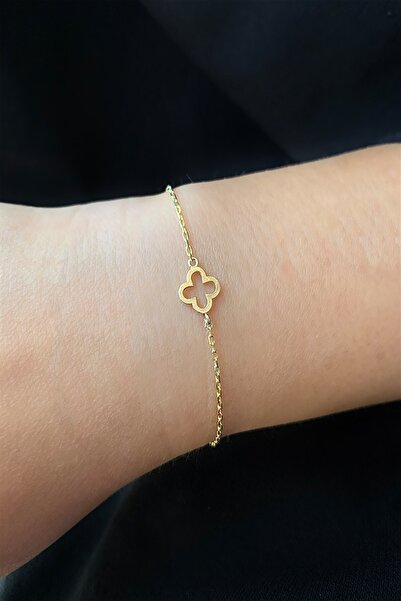 Ziu 925 Ayar1,4 Gram Gold Yonca Kadın Gümüş Bileklik Uzunluk 17+4 Cm