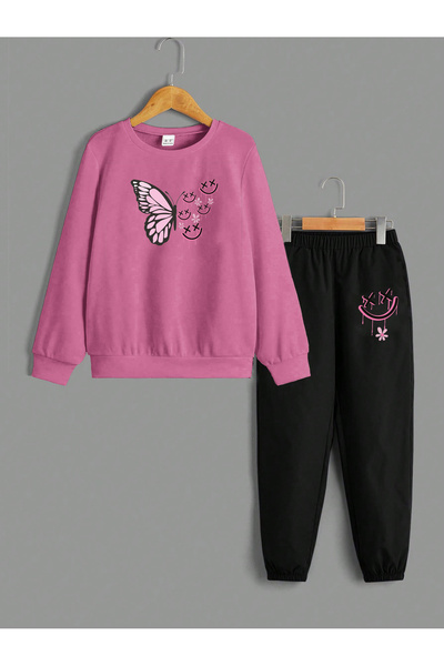 NEROMODA Butterfly Printed Cotton Kids Pink Sweatshirt Set