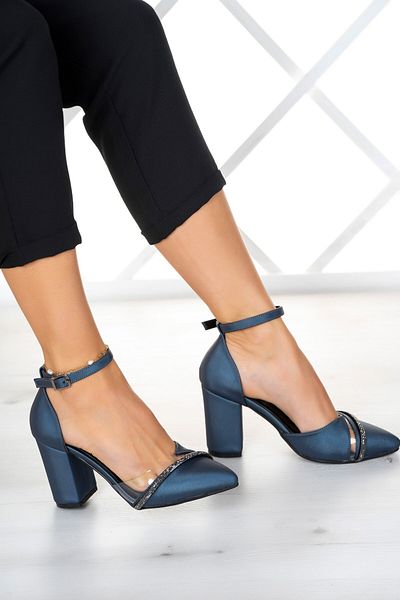 Erkan Saçmacı Samira Navy Blue Satin Stone Transparent Designed Shoes