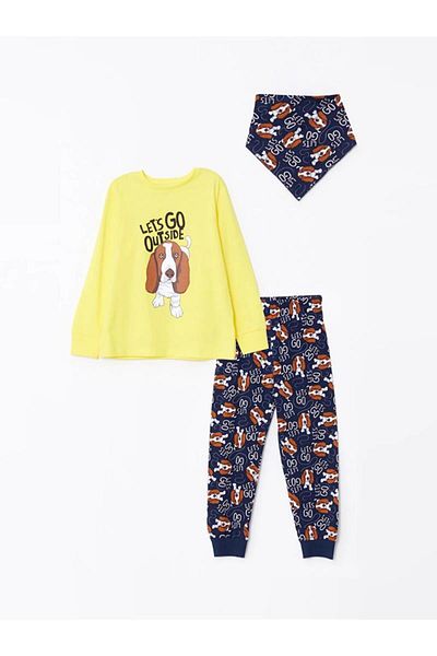 LC Waikiki Set pijamale pentru băiat cu mânecă lungă imprimată cu gâtul rotund și accesoriu pentru animale de companie (W2)