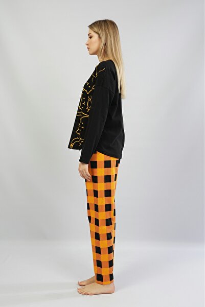 VİENETTA Жіночий чорний довгий рукав круглий комір овальна спідниця бавовняний піжамний комплект повний крій