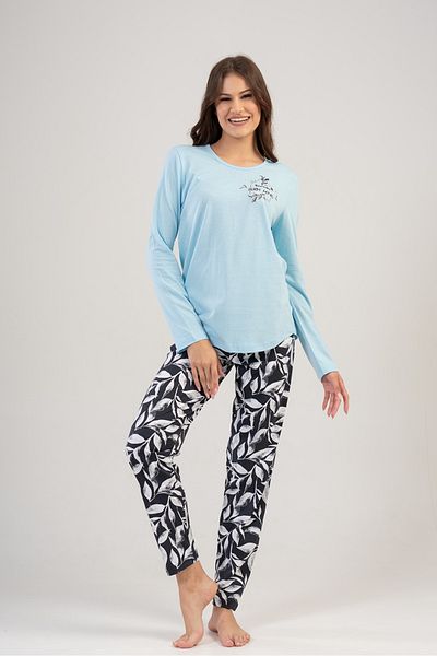 VİENETTA Set de pijamale din bumbac, albastru, cu mâneci lungi, cu gât rotund, cu tiv oval
