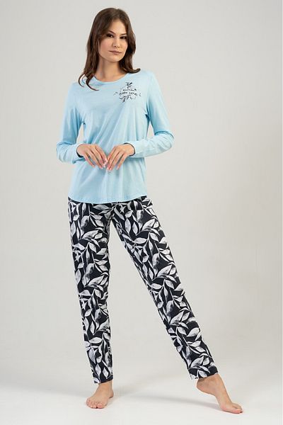 VİENETTA Set de pijamale din bumbac, albastru, cu mâneci lungi, cu gât rotund, cu tiv oval