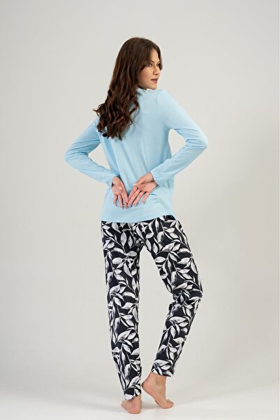 VİENETTA Жіночий синій піжамний комплект з довгими рукавами, круглим коміром та овальним подолом, з бавовняної тканини, повний комплект