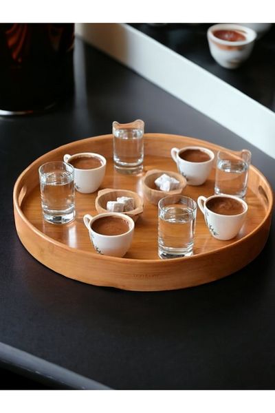 Akkoyunlu home Round Tray 35 Cm Bamboo Presentation Serving Tray