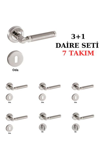 ARON (7 SETS) Sofuoğlu Şebboy Badge Nickel Satin **3 1** Flat Set Door Handle (5 ROOMS 2 BATHROOMS WC)