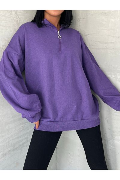 Esr Moda Women's Purple Oversize Collar Half Zipper Bato Collar Plain Elastic Sweatshirt Pullover