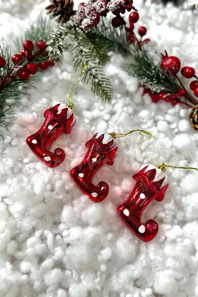 Huzur Party Store Red Metallic Color Elf Shoes White Spotted 3 Pieces 8 Cm Christmas Pine Tree New Year Tree Ornament