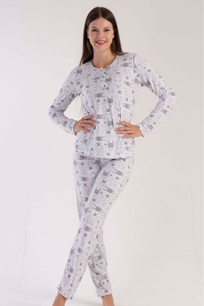 VİENETTA Set de pijamale din bumbac, gri, cu mânecă lungă, cu jumătate de nasturi, cu gât rotund, cu tiv oval