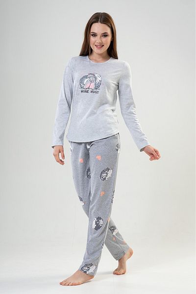 VİENETTA Set de pijamale din bumbac, gri, cu mâneci lungi, cu gât rotund, cu tiv oval