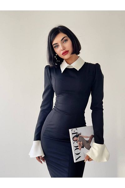 Afiş Butik Noul sezon Guler cămașă alb și negru Detaliu manșetă lată Lungime midi Rochie premium slim fit